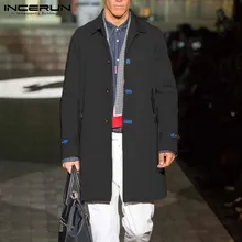 INCERUN, осень, повседневный мужской однотонный Тренч с отворотом, длинный рукав, тренд, Джокер, уличная Мужская однобортная ветровка