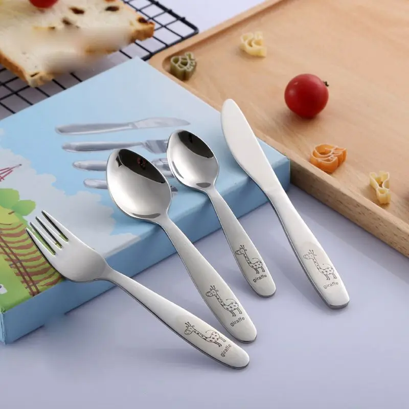 

4Pcs Stainless Steel Kids Cutlery Cartoon Pattern Carving Child Tableware Western-style Spoon Fork Set Baby Flatware Accessories