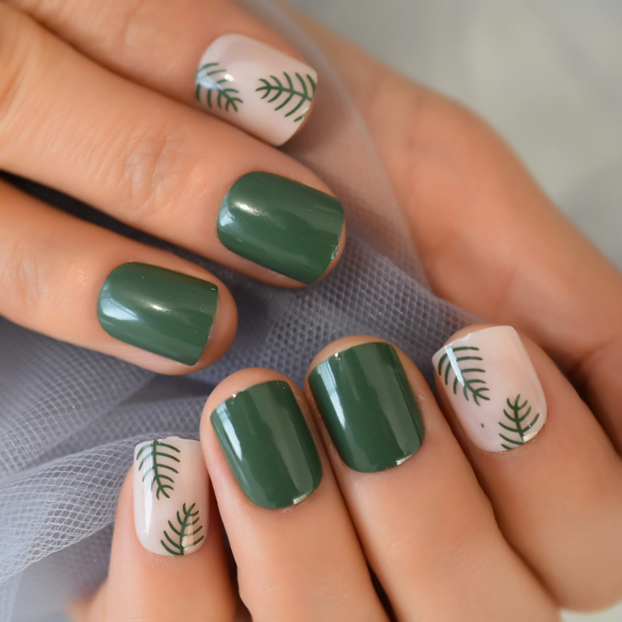 Dark Green False Nail Short Conifer Tree Form Nail French Designs For  Sticking On Round Cream Nail Tips - False Nails - AliExpress