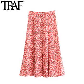 

TRAF Women Chic Fashion Floral Print Midi Skirt Vintage High Waist Covered Buttons Female Skirts Casual Faldas Mujer