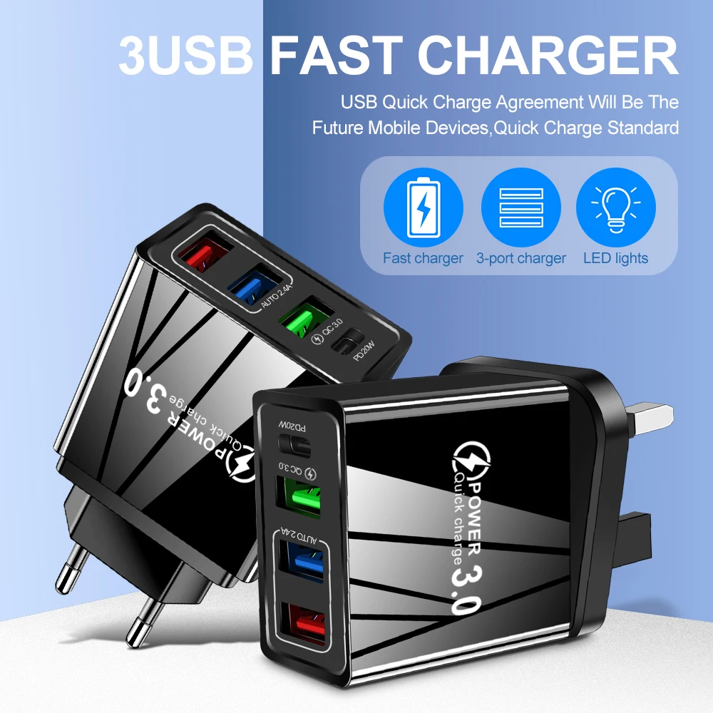 Quick Charge 3.0 PD USB Charger 20W USB Type C Fast Charger for iPhone 12 11 8  Plus Xiaomi Samsung Mobile Phone Charge Chargers