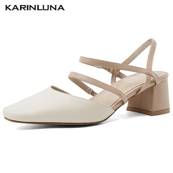 

Karinluna On Sale New Elegant Office Lady Genuine Leather Square Heels Summer Skin Sandals Woman Shoes Women