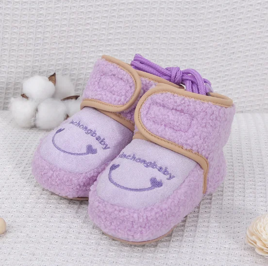 purple LOOZYKIT/зимние ботинки для маленьких мальчиков и девочек; хлопковая мягкая подошва; высокое качество; бархатные однотонные теплые зимние ботинки из ткани с надписью - Цвет: purple
