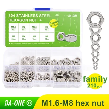 DA-ONE 210pcs Hex Hexagon Nuts Assortment Kit M1.6 M2 M2.5 M3 M4 M5 M6 M8 Stainless Steel Metric Hex Nut Set DIN934 Metalworking metric thread din934 m2 m2 5 m3 m4 m5 m6 m8 m10 m12 black grade 8 8 carbon steel hex nut hexagon nut screw nut a2 brand new