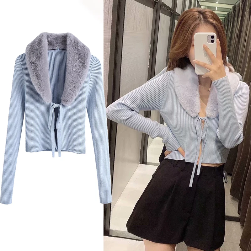 

JXYSY 2020 New Women's Sweater Detachable Big Fur Collar Tie Placket Tight-fitting Thick Warm Cardigan Retro Sweater