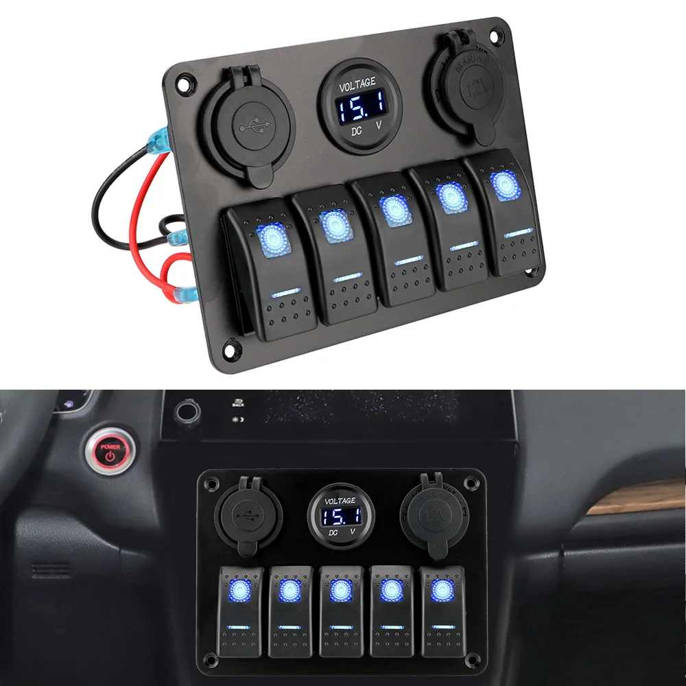 

Digital Voltage 5 Gang LED Rocker Switch Panel 12/24V Outlet Combination Waterproof With Fuse Dual USB Slot Socket