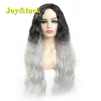 

Joy&luck Long Water Wave Wig Black Ombre Grey Color Synthetic Wigs for Women Finger WaveFull Wigs With Bangs Hair Wigs
