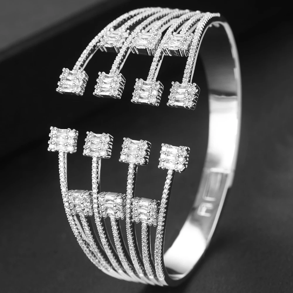 Silver Горячая Мода Роскошный Штабелируемый Большой браслет манжета для женщин Свадьба полный кубический циркон Кристалл CZ браслет в дубайском стиле Вечерние ювелирные изделия - Окраска металла: Silver