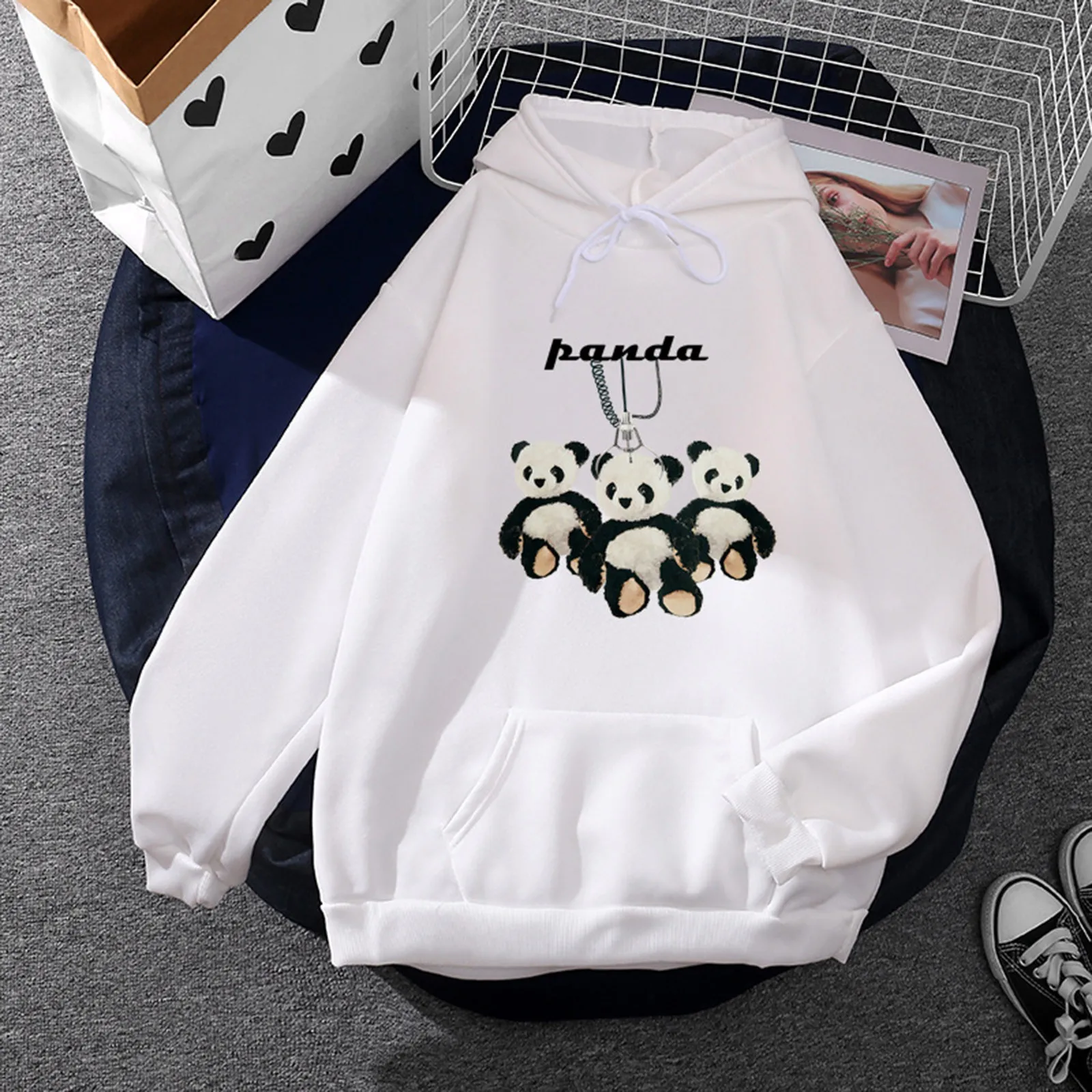 Women Panda Print Hoodies Ladies Girls Casual Printed Long Sleeve Loose Hooded Sweatshirt Top With Pocket Pullover Blouses New 2