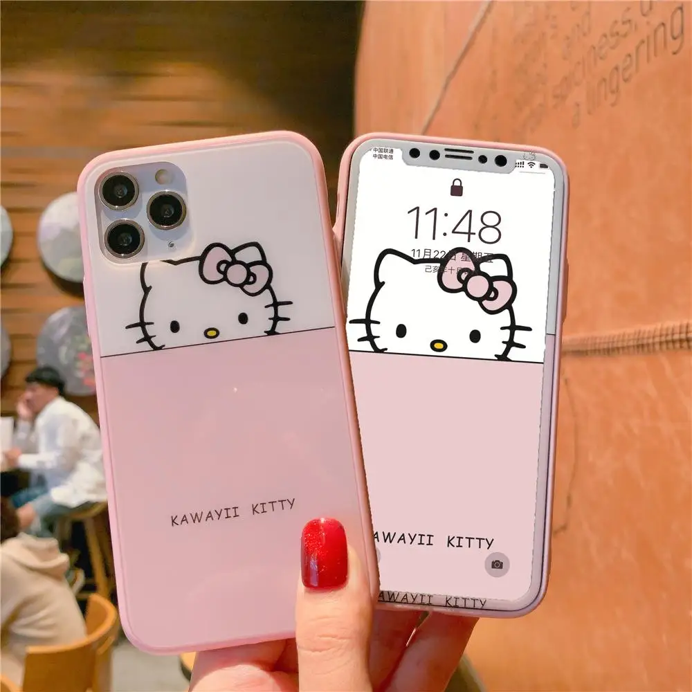 Закаленное стекло Hello kitty из двух частей чехол для телефона для iphone 11 Pro Max 6 6splus 7 8 plus X XR XS MAX аниме закаленное покрытие