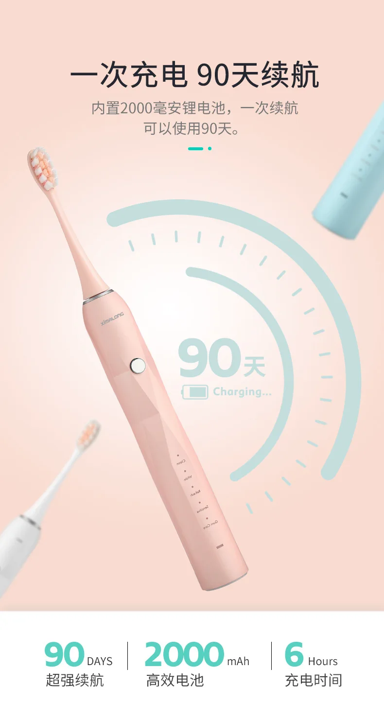 XiMALONG U2 Ультразвуковая электрическая зубная щетка для ухода за полостью рта автоматическая зубная щетка Водонепроницаемая перезаряжаемая USB 100 дней подарок