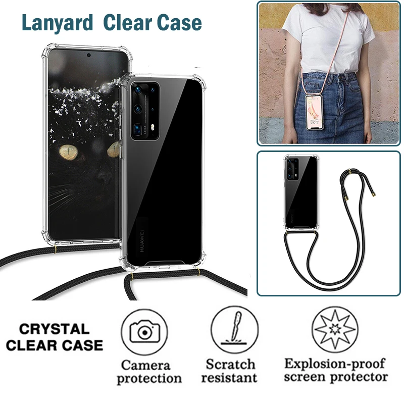 

Adjustable Lanyard Clear Case Transparent Phone Case For Huawei P40 Huawei P40 Pro Huawei P40 Lite Anti-fall Phone Case