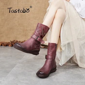 Tastabo 2019 autumn and winter Women #8217 s nude boots Ethnic style boots Wild casual style S99915 Wine red Black women #8217 s shoes 35-40 tanie i dobre opinie Genuine Leather Cow Leather Mid-Calf Embroider floral Adult Wedges Basic poly urethane Round Toe Spring Autumn Pigskin High (5cm-8cm)