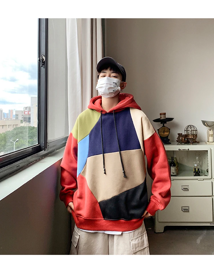 LAPPSTER Men Fleece Patchwork Hooded Hoodies Mens Japanese Streetwear Sweatshirts Korean Harajuku Winter Hip Hop Clothing