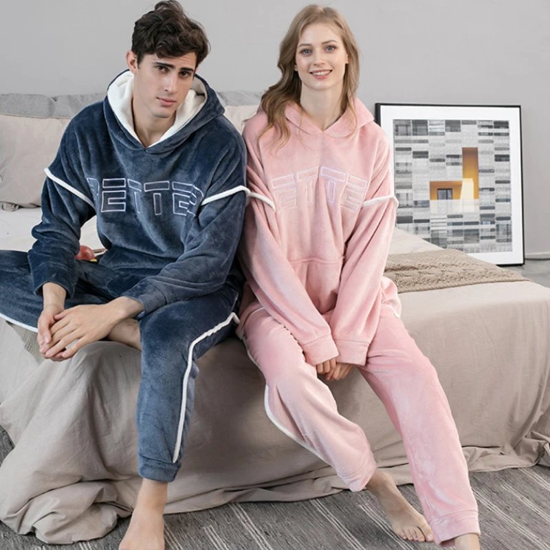 2021 New Hooded Flannel Men's Pajama Pants 2 Pieces/Set Winter Thick Warm Sleepwear For Couples Casual Loose Home Costumes Set plaid pajama pants