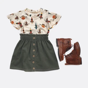 

2019 Summer Kids Girls Flare Sleeve Printed T-shirt+Button Skirts 2PCS Outfits Clothes Sundress