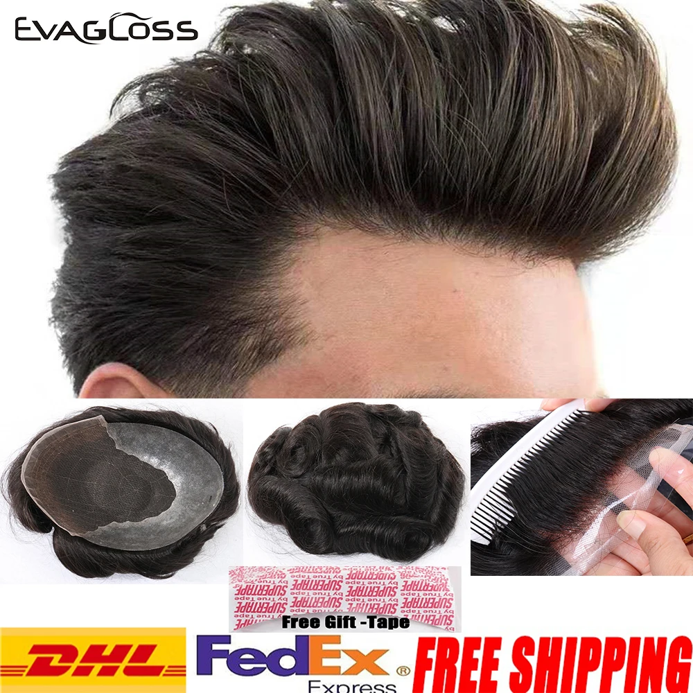 Мужской парик EVAGLOSS s Toupee 100% натуральные человеческие волосы Remy мужской