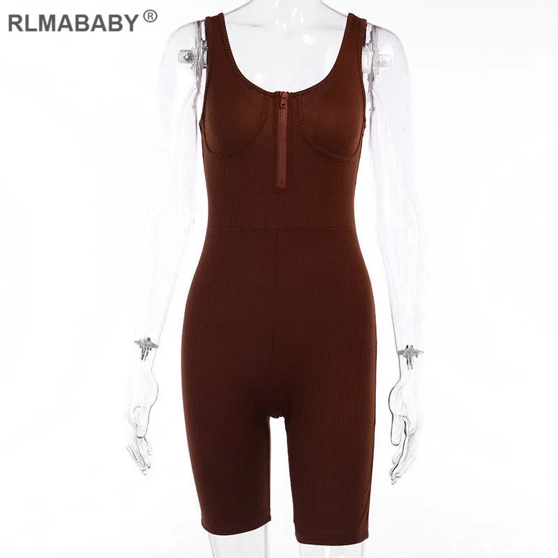 RLMABABY Summer Women Ribbed Playsuit Skinny V Neck Zipper Fitness Jumpsuit Sleeveless Backless Sexy Rompers Playsuit Jumpsuit