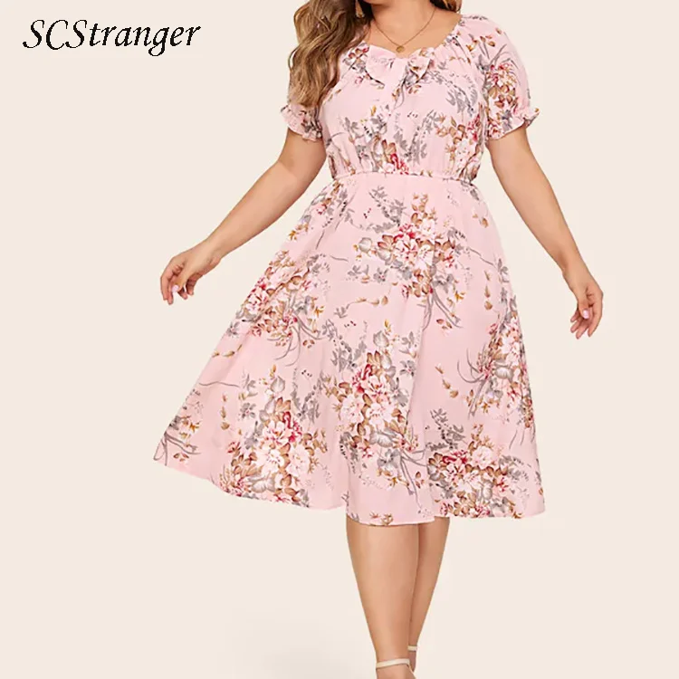 De moda de Y2K vestido de verano vestido de talla grande ropa de las mujeres una línea traje ajustado plisado mediados longitud Floral Rosa arco redondo cuello vestidos платье
