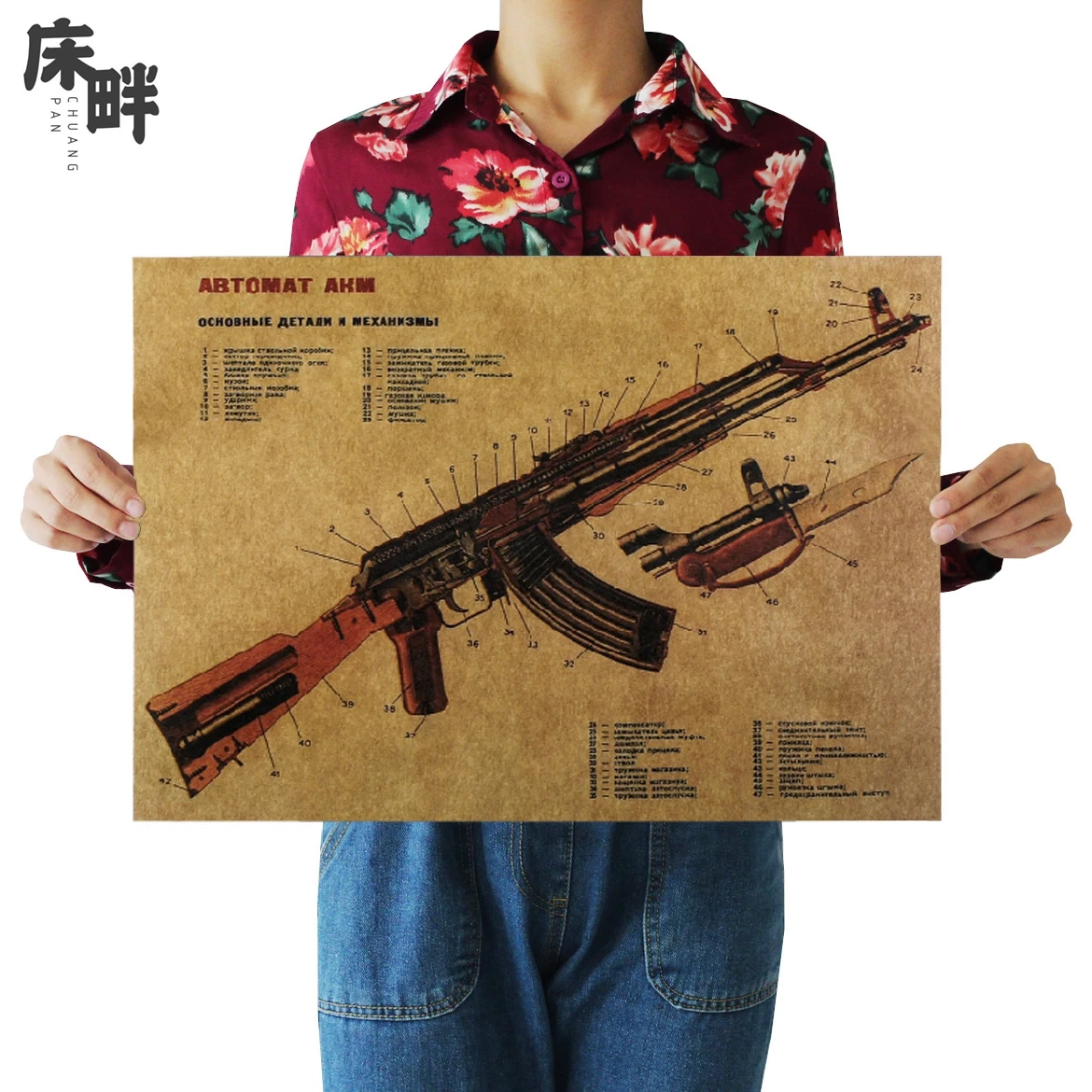 

Vintage AK47 Improved Structure Design Drawings Poster Retro Kraft Paper Wall Decor Bar Wall Sticker Room Decoration Stickers