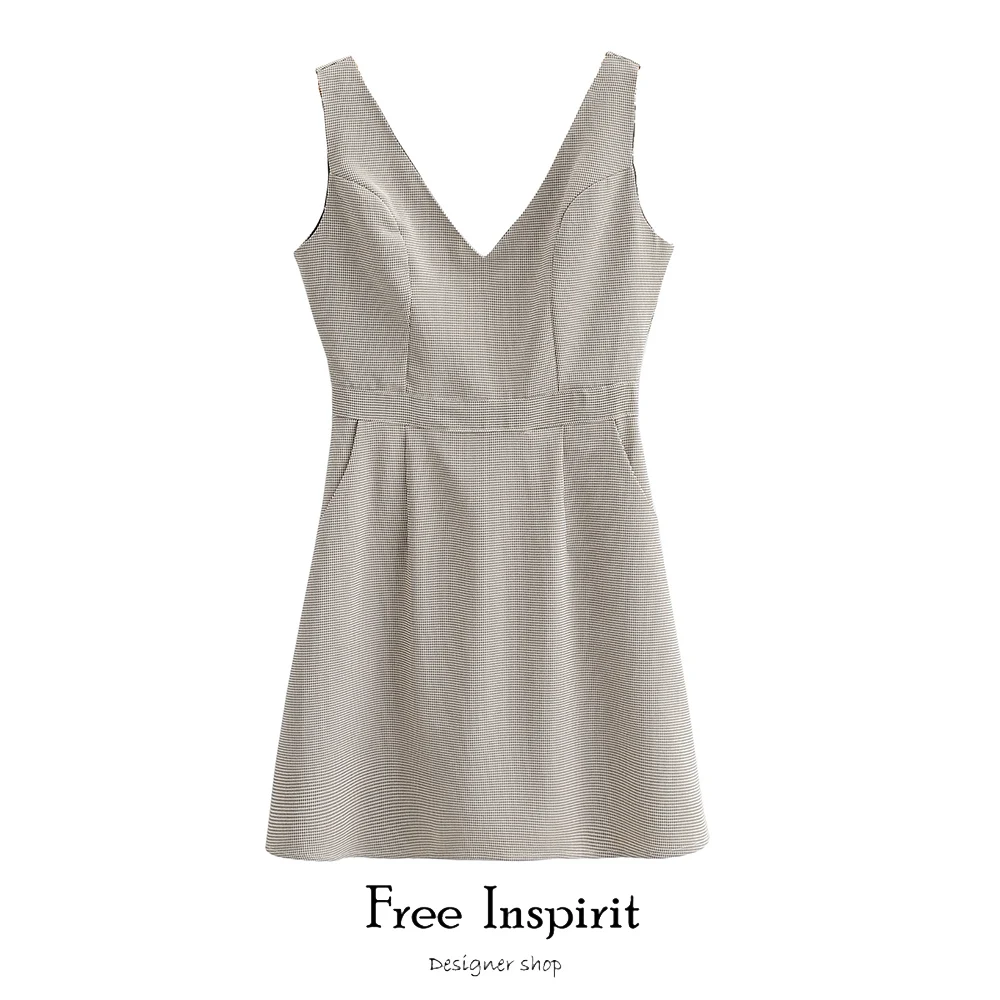 

Free Inspirit New Arrival Sexy Club Style A-line Plaid Pattern Sleeveless V-neck Empire Waist Women's Above Knee Mini Dress