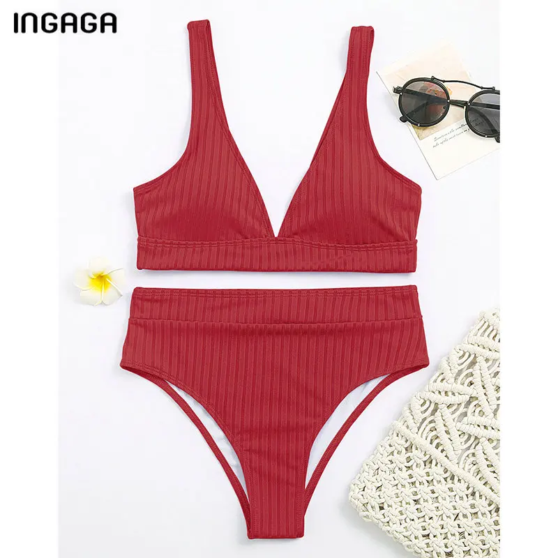 Бикини женское однотонное с V-образным вырезом и высокой талией ...