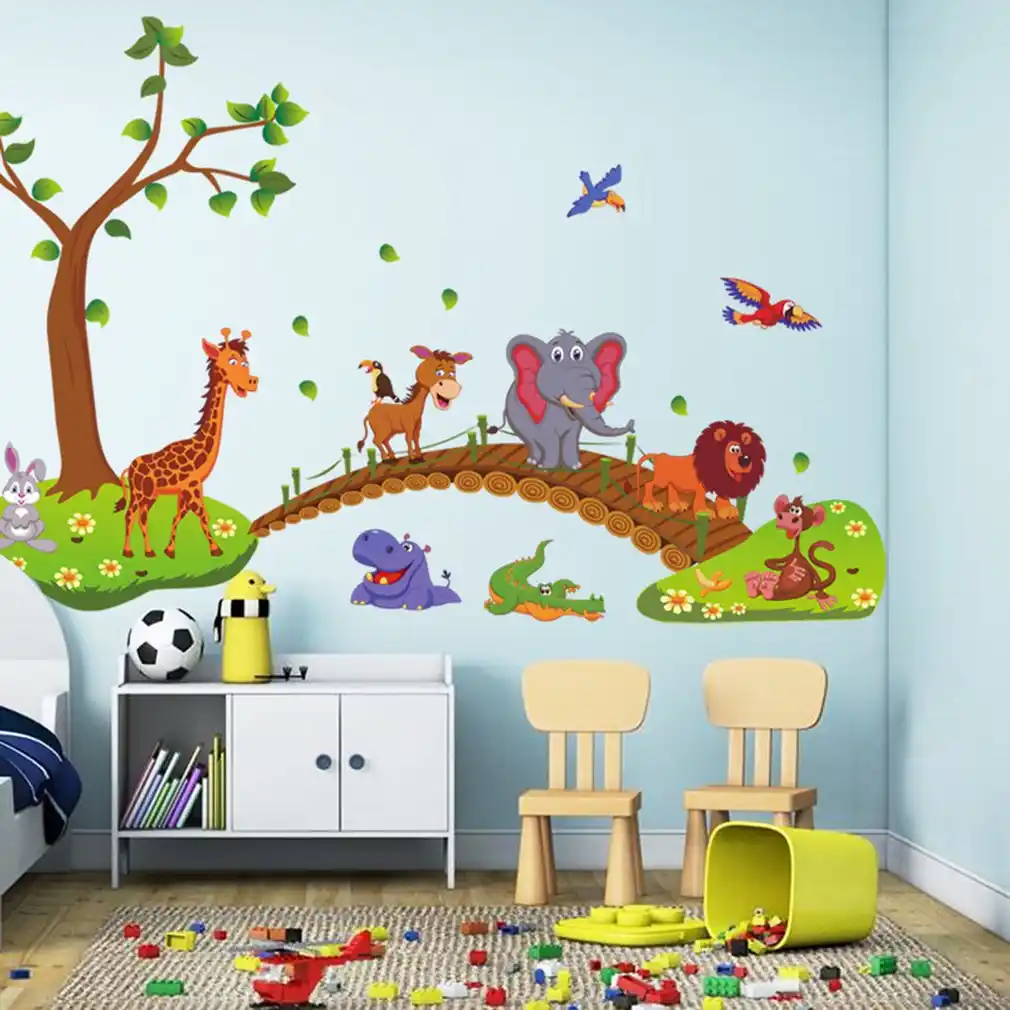 Kawaii Big Jungle Animals Bridge Pvc Wall Stickers Kids Bedroom Wallpaper Decals Children Bedroom Nursery Decoration