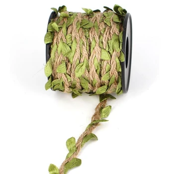 

10 Meters Jute Twine with Artificial Leaves Garland, Green Leaves Ribbon Garland for DIY, Arts, Wedding, Home Decor
