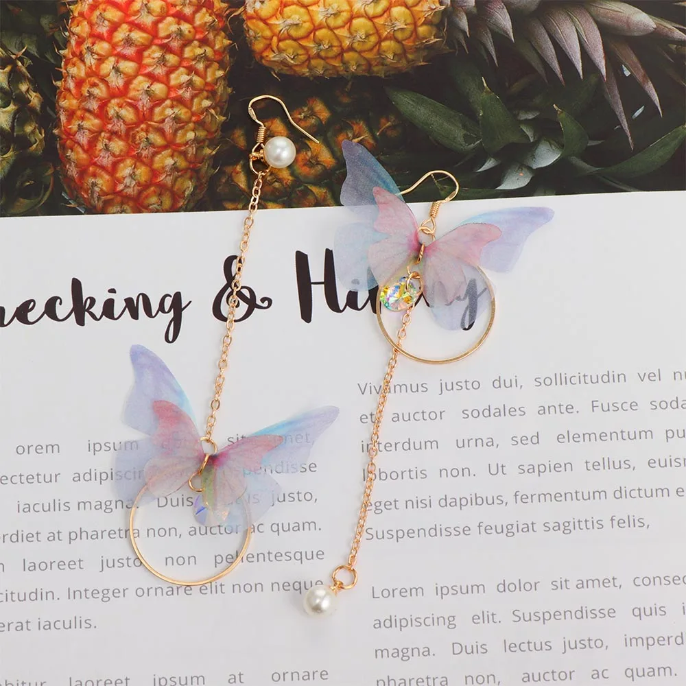 Korean Retro Asymmetric Butterfly Imitation Pearl Earrings Fashion Round Flower Long Alloy Statement Wings Jewelry | Украшения и
