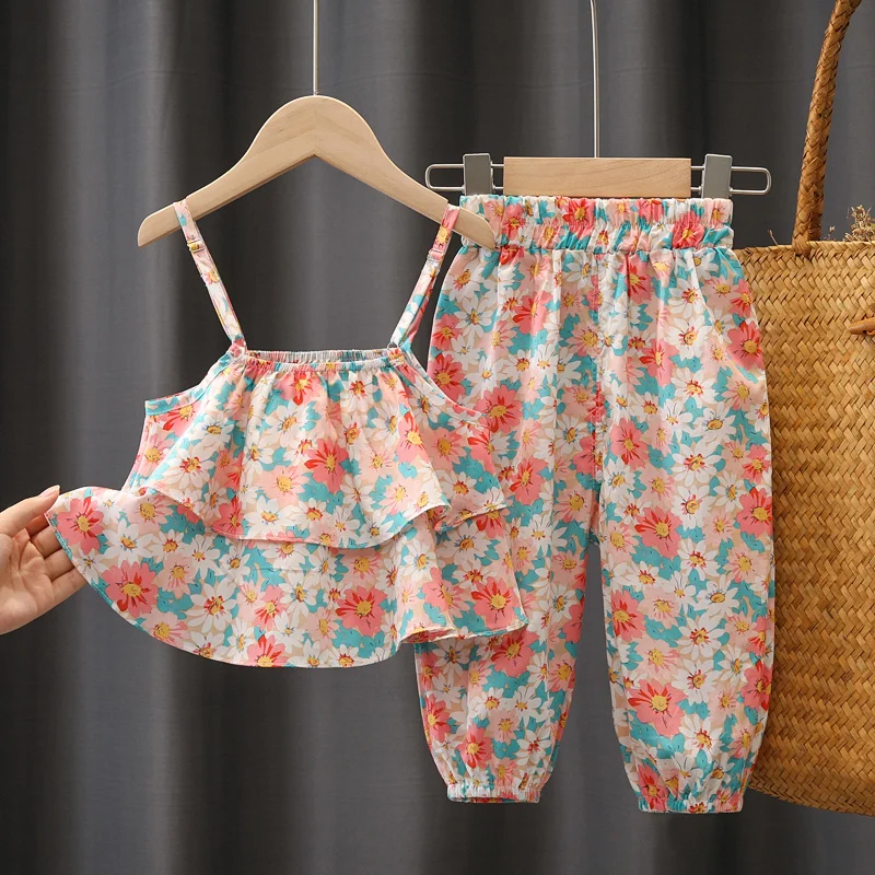 novo verão roupas da menina do bebê crianças conjunto de roupa estilingue calças superiores terno para criança meninas do bebê ano bebês aniversário conjuntos florais