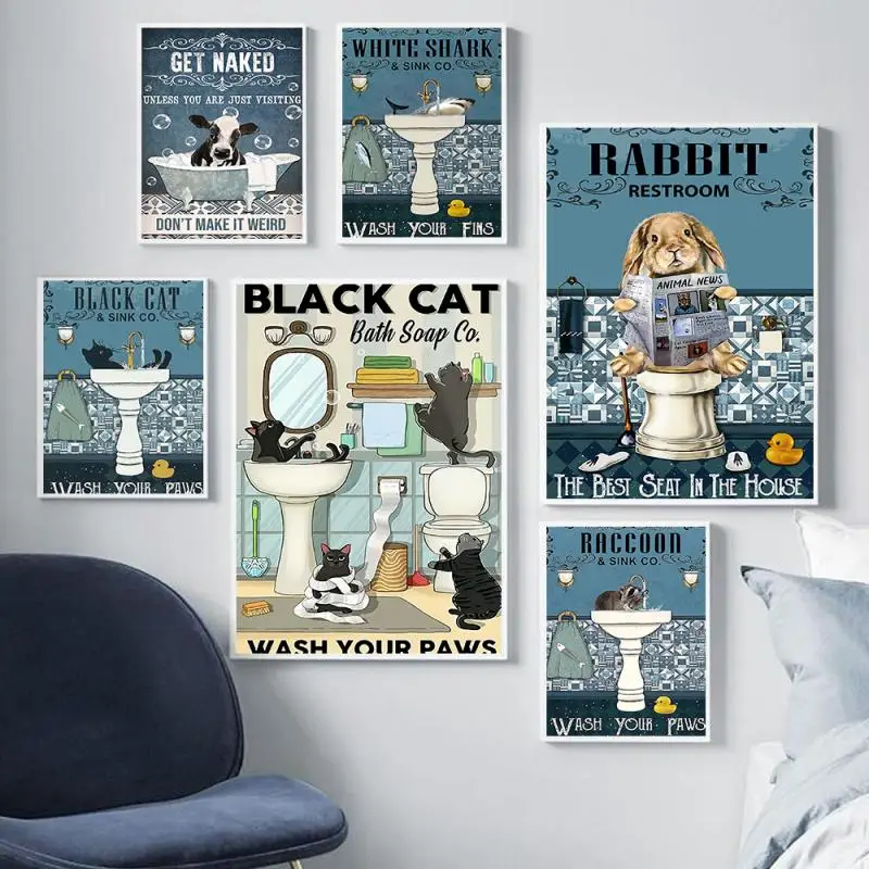Nordic Retro Black Cat Rabbit Shark Raccoon Poster Decorazione Della Casa Toilette Bagno Modern Cartoon Art Vintage Canvas Painting