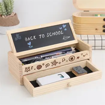 

1Pc Wooden Stationery Storage Box Multifunction Pen Holder Double Layer Sundries Organizer Container Blackboard Pencil Case