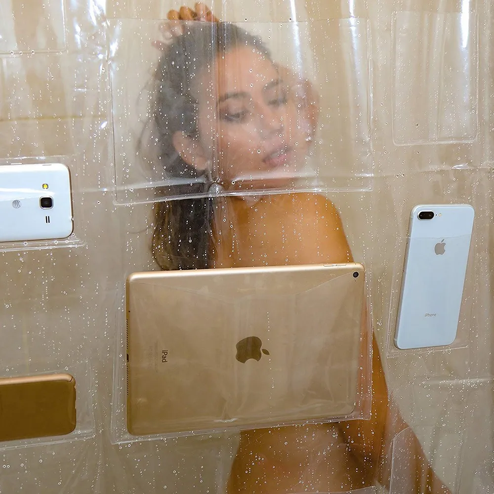 Быстросохнущая прозрачная занавеска для ванной и карманов Водонепроницаемая peva Наслаждайтесь часами занавеска для душа для iPad/телефонов для душа