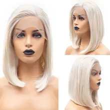 Bombshell белый короткий прямой Боб ручная вязка синтетический 13*3 парик фронта шнурка Glueless Термостойкое волокно боковое расставание для женщин