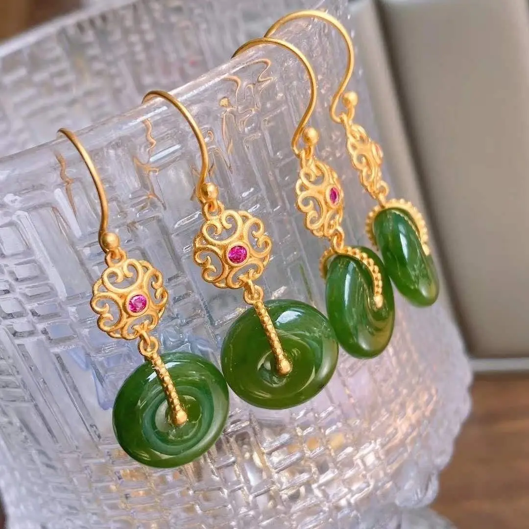 Natural Hetian Jade Green Safety Buckle Earrings Long Hanging Women's S925 Sterling Silver Anti-Allergy Antiq | Украшения и