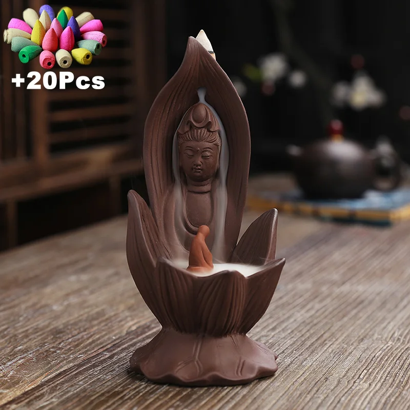 Handmade Purple Clay Guanyin Buddha Statue Lucky Feng Shui Decorations Zen Meditation Ornaments Backflow Incense Burner +20Cones | Дом и сад