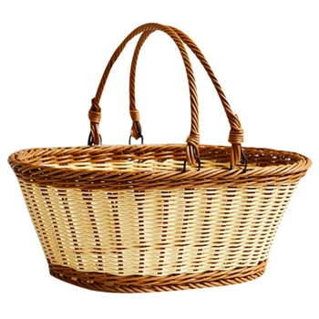 

Pastoral Style Environmental Protection Simulation Rattan Picnic Basket Outdoor Portable Fruit Basket Grocery Basket