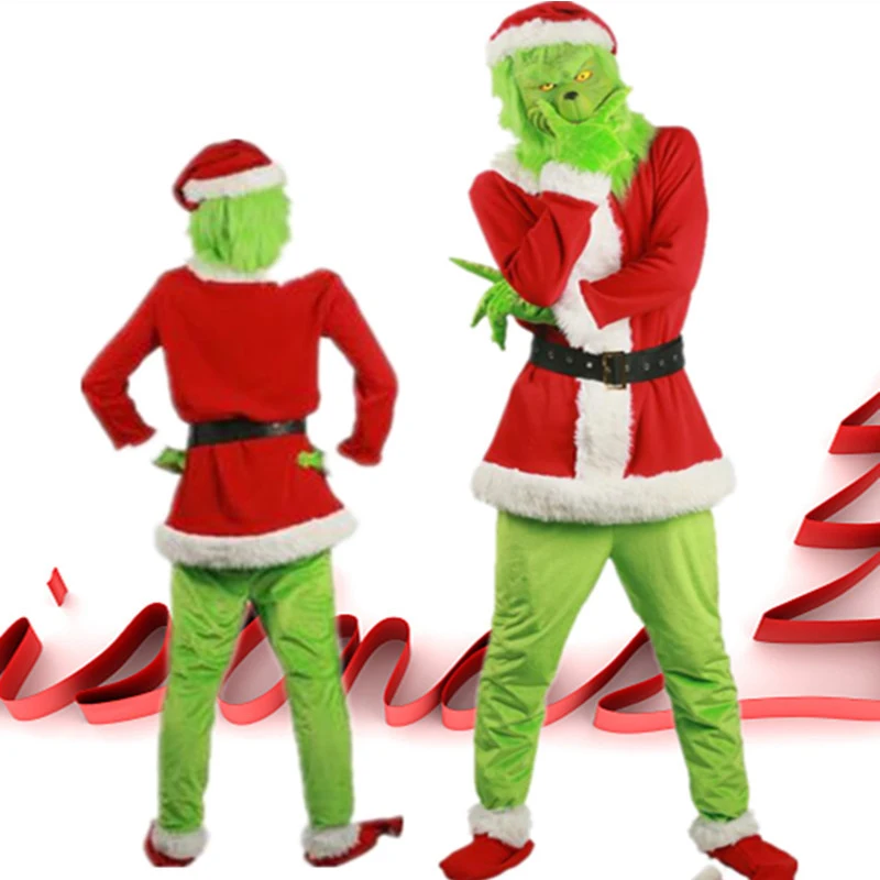 Рождественский костюм Grinch, Рождественский костюм для взрослых, костюмы для Хэллоуина, Санта-Клауса, забавный флисовый наряд для мужчин с маской