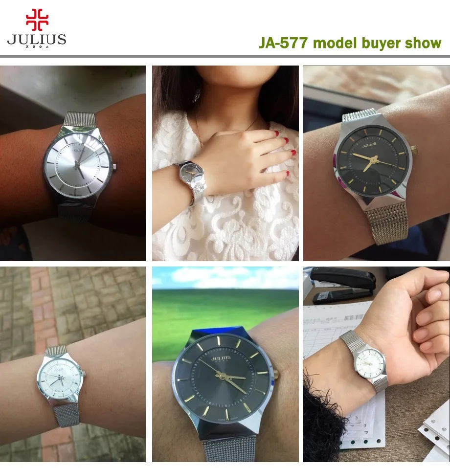 JULIUS Mode Повседневная Роскошная Uhr Топ Marke логотип herren Uhr Silber Schwarz ультра дюнн сетка Voller Stahl Quartz Wasserdicht JA-577