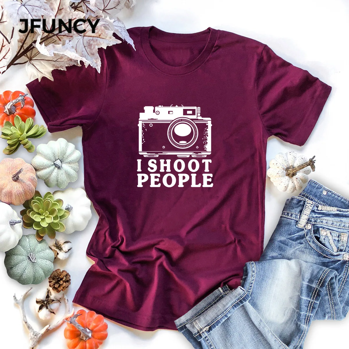 

JFUNCY New 100% Cotton Women Tees Tops Retro Camera Printed Shirts Summer Casual T-Shirt Plus Size Short Sleeve Female Tshirt