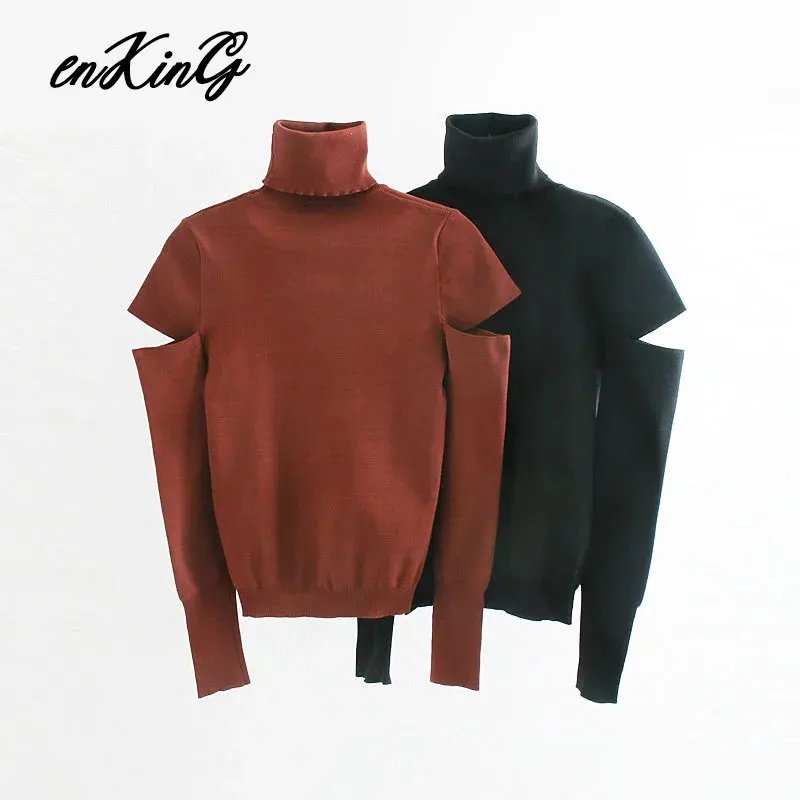 Зимние женские свитера za pull femme, английский простой Однотонный свитер с вырезами и высоким воротником, женские пуловеры