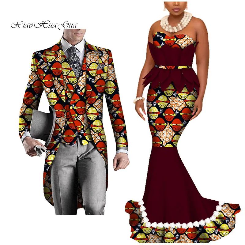 9 Dashiki African Couple Clothing Women's Dress+Men's Blazer&Vest 3 Pieces Set African Mermaid Print Dresses for Couples WYQ425 - Цвет: 9