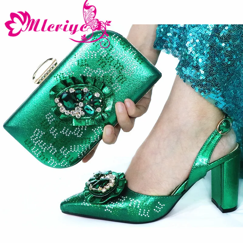 

Green Color New Design Nigerian Elegant Shoes And Bag To Match Set African Comfortable Heels Party Shoes And Bag Set For Wedding