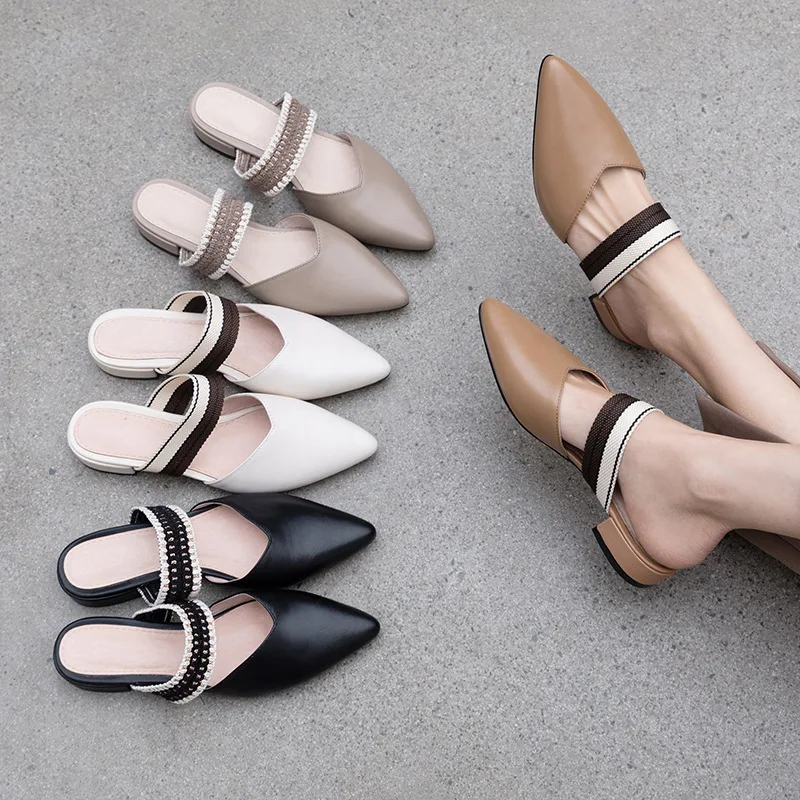 

Network Red Spring Summer New Style Mixed Colors Versatile Slippers Women's Pointed Toe A- line with Flat Genuine Leather Shoes