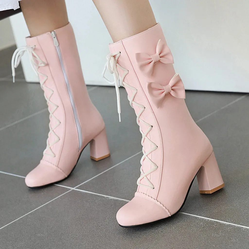 

MAIOUMY New Fashion Autumn Winter Boots for Woman Quality PuLeather Calf Boots Female Round Toe Trendy Lace-up Square Heel Shoes