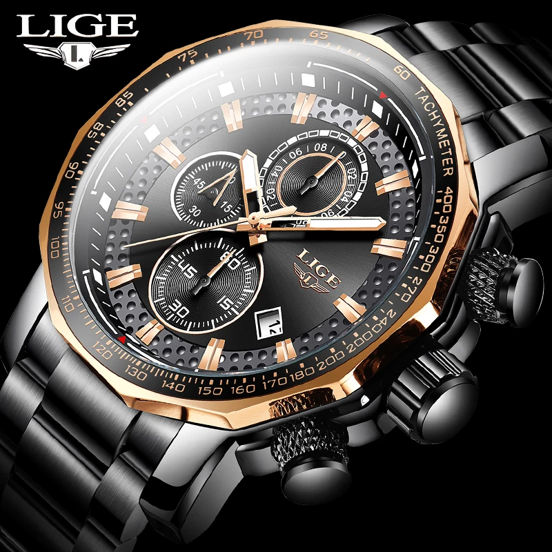 LIGE 2020 New Fashion Mens Watches with Stainless Steel Top Brand Luxury Sports Chronograph Quartz Watch Men Relogio Masculino | Наручные