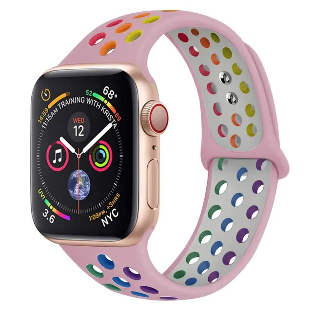 Silicone Strap For apple Watch band 44mm 40mm 45mm 41mm 40 44 mm Breathable Accessories watchband bracelet iWatch 3 4 5 se 6 7 rainbow-Pink 56
