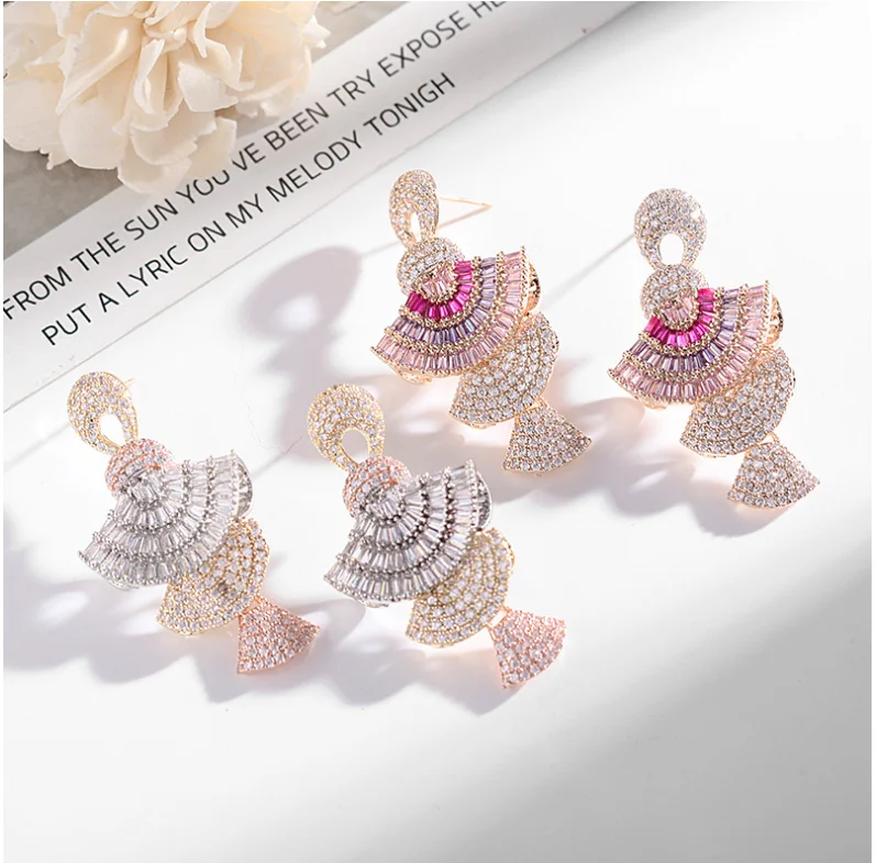 Fashion Heavy industry color zircon earrings stereo gradient pink fan-shaped earrings women A163