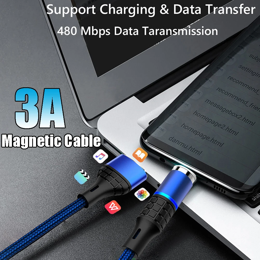 Jetjoy Магнитный Micro USB кабель для samsung Xiaomi usb type C 3A Быстрая зарядка магнит зарядное устройство адаптер Кабели для мобильных телефонов - Цвет: Blue
