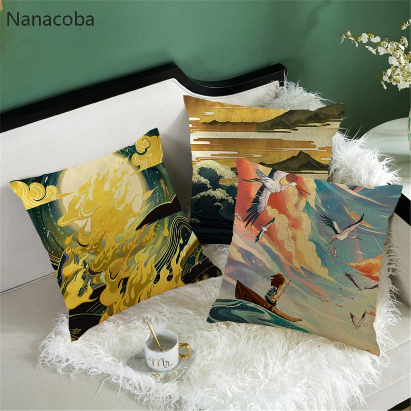 

Linen Throw Pillow Covers Asian Classical Manga Painting Single Side Printed Pillow Case 45*45 Cushion Cover for Sofa Bed Chair